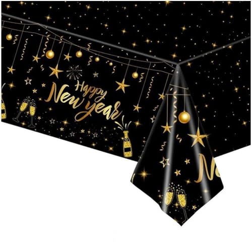 Frohes Neues Jahr Tischdecken Tischdecke Kunststoff Einweg Schwarz Gold Tischdecken Neujahrsbanner Für Frohes Neues Jahr Dekorationen, Silvester 2022 Dekoration, 137 * 274 cm von Bemvp