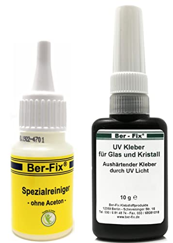 Ber-Fix UV Kleber Glaskleber für Glas Glas und Glas Metall 10g Gel 2500 mPas gleicht auch kleine Unebenheiten aus mit 20g Spezialreiniger von Ber-Fix