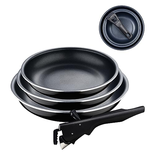 Bergner Click&Cook Black Edition | Pfannenset 4- teilig 18, 20 und 24 cm + Abnehmbarer Ergonomischer Griff | Gepresstes und Antihaftbeschichtetes Aluminium | Für Alle Herdarten und Backöfen von Bergner