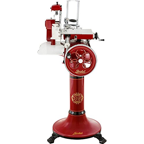 Berkel Volano B3 handbetriebene Aufschnittmaschine mit Blütenverziertes Schwungrad, Messerdurchmesser 300 mm Rot und Sockel von Berkel