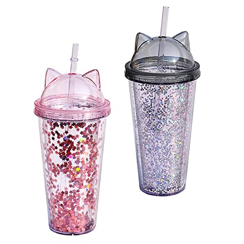 Glitzer-Becher mit Stroh, 2pcs Wasser Becher mit Strohdeckel mit Doppelschicht Wasserflasche Trinkbecher mit Katzenohr für Mädchen Geschenk 9.5 x 9,5 x 20,5 cm 400-500 ml rosa grau von Berrywho