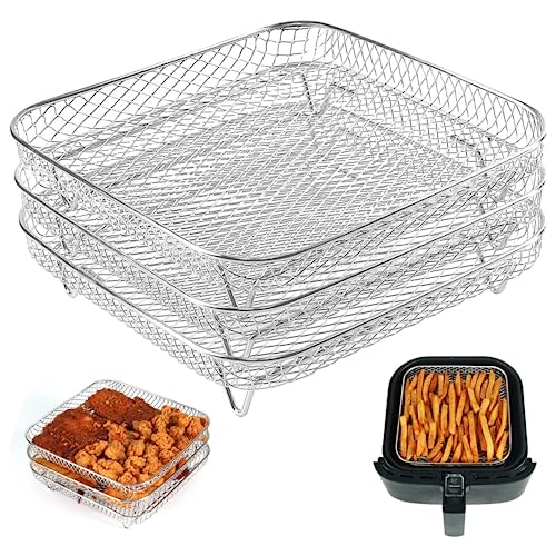 Luft Fritteusregal, 3pcs Stapelbare Luftbraten Korbschale Edelstahl Grillregal geschichtet Dehydrator Racks Mehrzweck Kochregal Luft Fritteuchterzubehör für Ofen 8-QT Air Fryer 8,27 Zoll Quadrat von Berrywho