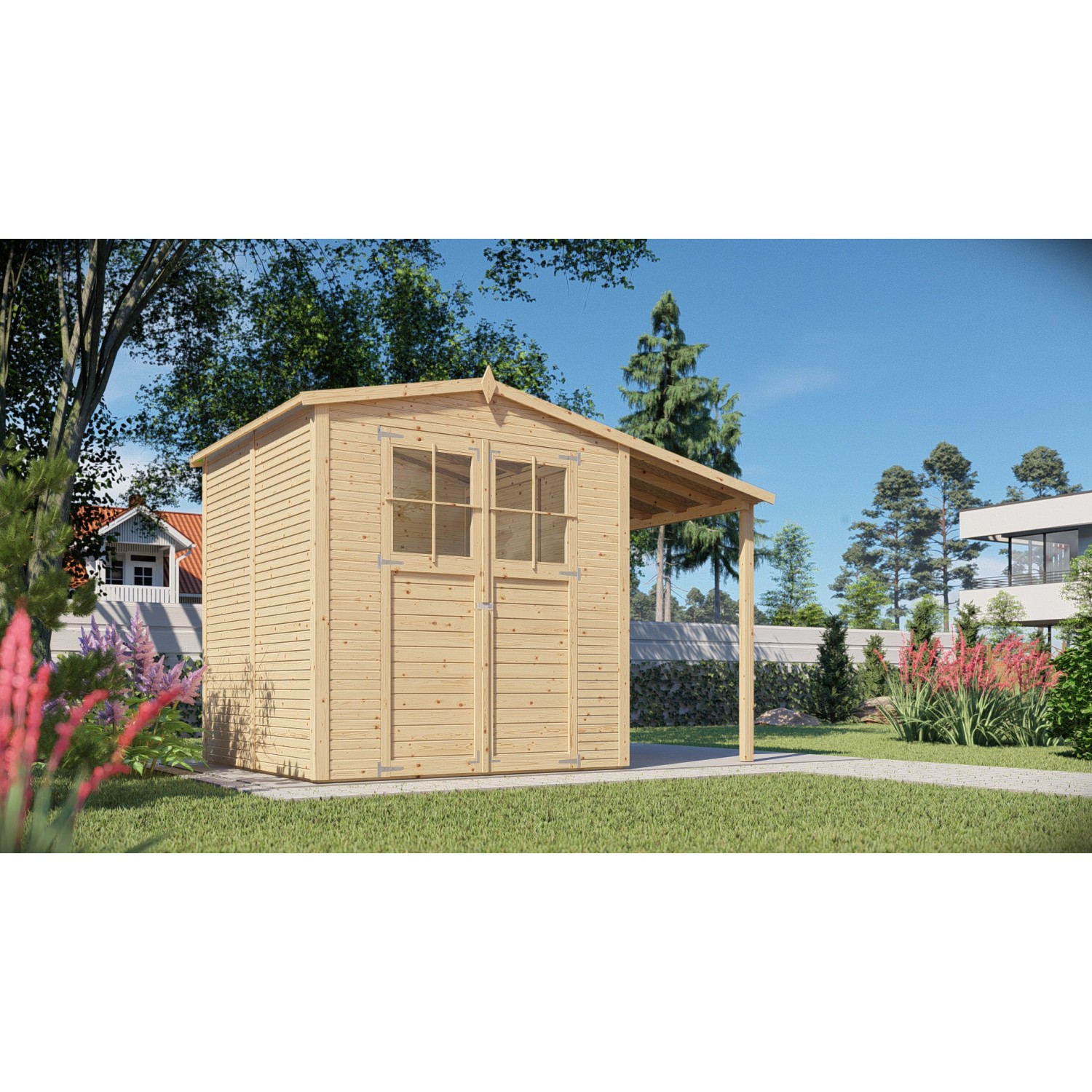 Bertilo Gerätehaus Plexi Apex 3 Plus 202 cm x 325 cm Natur FSC® von Bertilo