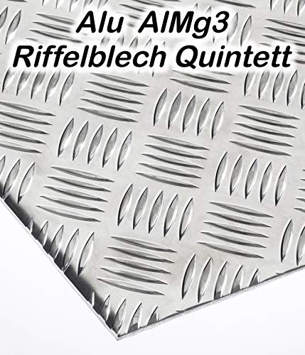 Alublech Riffelblech Quintett 2-4 mm 3,5-5 mm dick Aluminiumblech ALMg3 Zuschnitt inkl Folie, Größe nach Maß Alu Neu (500 mm x 400 mm, 2-4 mm) von Bestell_dein_lochblech