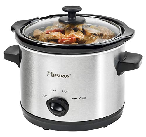 Bestron Slowcooker für 2 Personen, Schongarer mit Keramikpfanne & Glasdeckel, 3 Stufen-Thermostat, ideal für viele Gerichte wie Fleisch, Suppen & Gemüse, 1.5 Liter, Farbe: Silber von Bestron