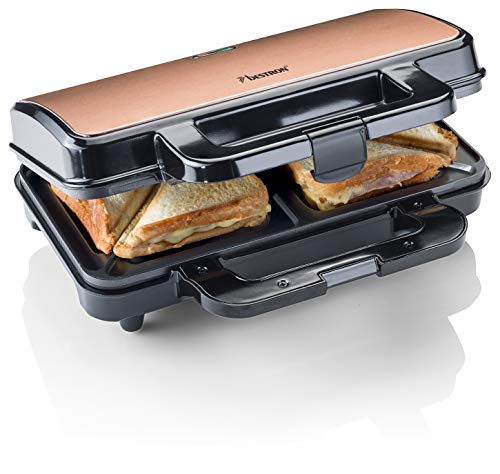 Bestron XL Sandwichmaker, Antihaftbeschichteter Sandwich-Toaster für 2 Sandwiches, inkl. automatischer Temperaturregelung & Bereitschaftsanzeige, 900 Watt, Farbe: Schwarz/Kupfer von Bestron