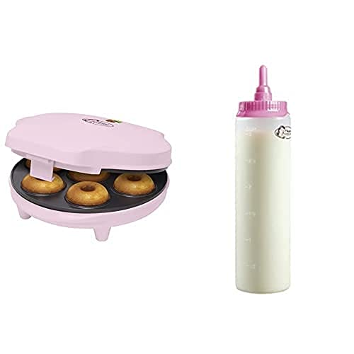 Bestron Donut Maker, inkl. Teigportionierer für 700ml mit Skala, Ideal zum Befüllen des Donut-Geräts, Farbe Gerät: Rosa, Teigflasche: Weiß von Bestron