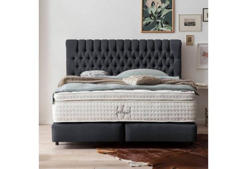 BettCo Boxspringbett Chester (in Schwarz Webstoff, 160 x 200 cm), Chesterfield-Design + optionaler Topper, Schwebeoptik von BettCo