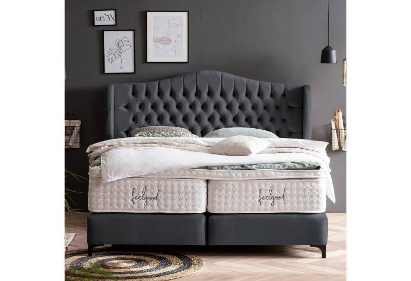 BettCo Boxspringbett Maison (in Schwarz Velours, 140 x 200 cm), Chesterfield Design + optionaler Topper, Schwarze Metallfüße von BettCo