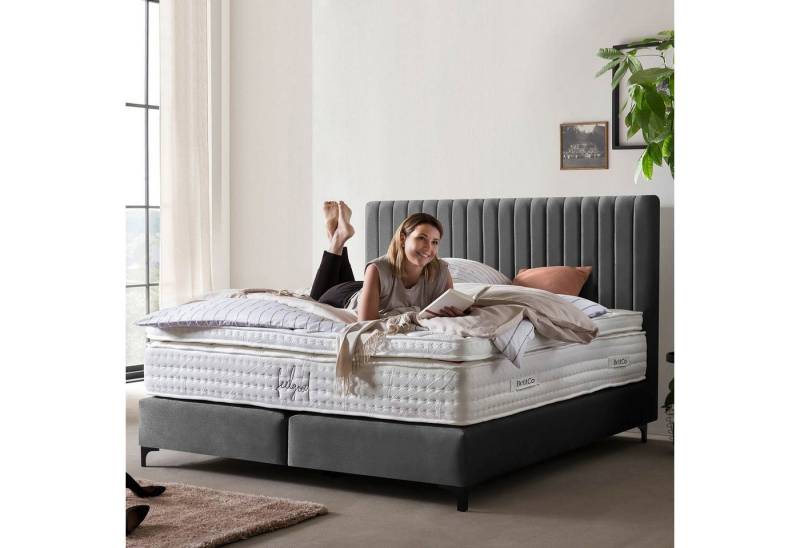 BettCo Boxspringbett Paris (in Dunkelgrau Samt, 160 x 200 cm), Pfeifensteppung Design + optionaler Topper, Schwarze Metallfüße von BettCo