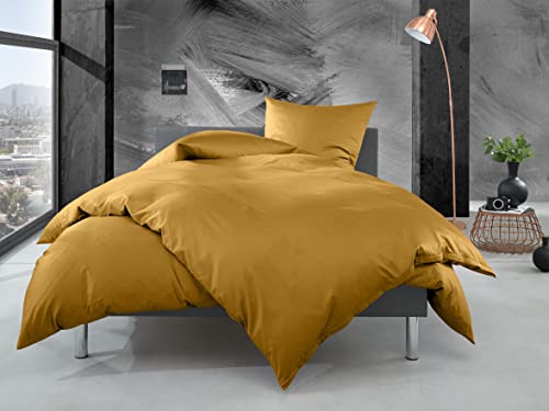 Bettwaesche-mit-Stil Mako Perkal Bettwäsche Uni einfarbig Gold (Garnitur 240x220 + 2X 80x80 cm) von Bettwaesche-mit-Stil