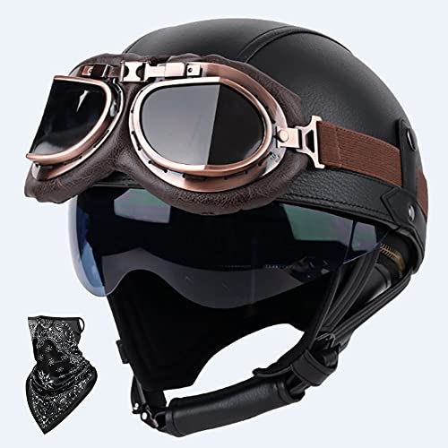 DOT/ECE Genehmigt Leder Halbschalenhelm, Retro Motorrad Halbhelm mit Brille, Schnellverschluss Schnalle, Erwachsene Halbschale Jet-Helm, Scooter-Helm, für Cruiser, Scooter(55~62CM) von Beyswage