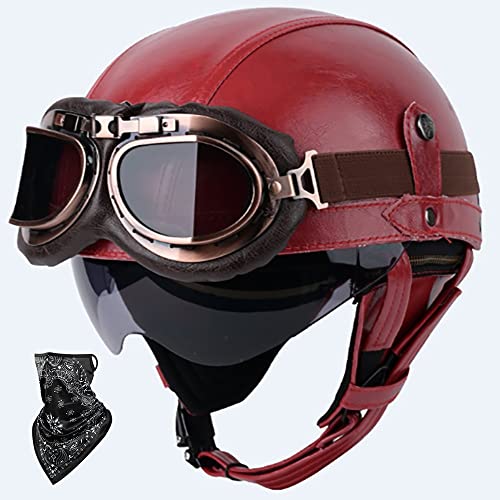 DOT/ECE Genehmigt Leder Halbschalenhelm, Retro Motorrad Halbhelm mit Brille, Schnellverschluss Schnalle, Erwachsene Halbschale Jet-Helm, Scooter-Helm, für Cruiser, Scooter(55~62CM) von Beyswage