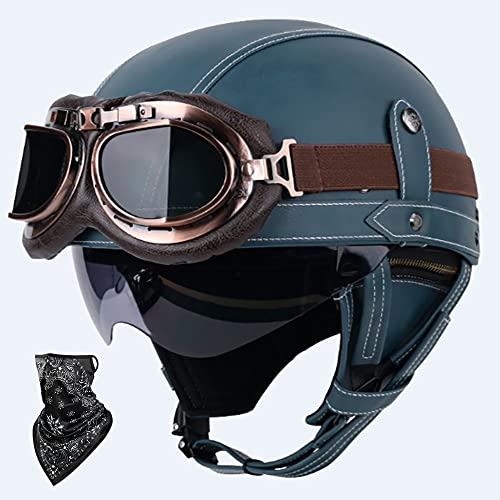 DOT/ECE Genehmigt Leder Halbschalenhelm, Retro Motorrad Halbhelm mit Brille, Schnellverschluss Schnalle, Erwachsene Halbschale Jet-Helm, Scooter-Helm, für Cruiser, Scooter(55~62CM) von Beyswage