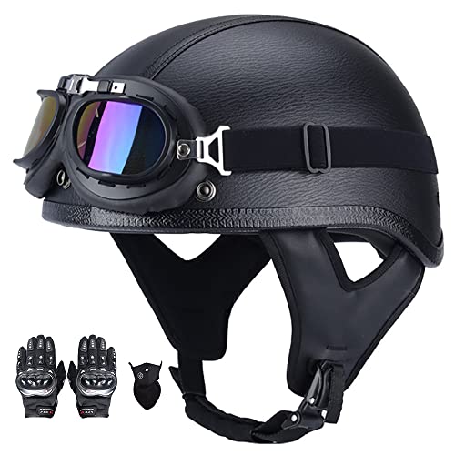 Retro Motorrad Halbhelme Sicherheitshelm für Adults Unisex mit Schutzbrille Erwachsene Halbschale Leder Jet-Helm ECE Zertifizierter für Moped Biker Cruise (57~62CM) von Beyswage