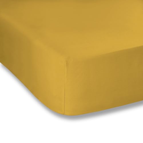 Plain Dyed Mustard Spannbettlaken, 180 x 200 cm, 100% Perkal-Baumwolle von Bianca