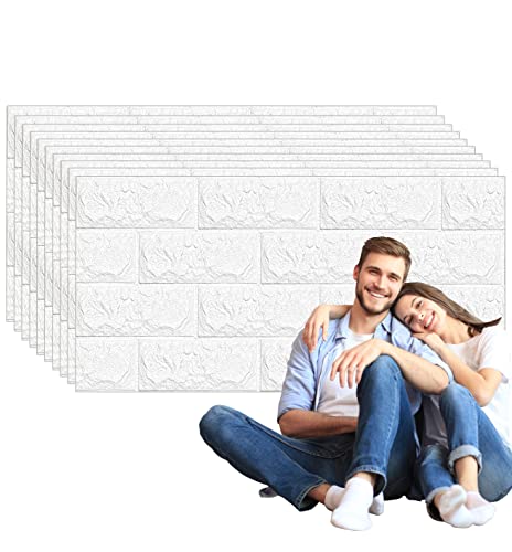 10 Stück 3D Wandpaneele Selbstklebend - Ziegel Steinoptik, Tapete Wasserdicht, Wanddekoration,Wandaufkleber, Wandtapete Schaumstoff für Schlafzimmer, Badezimmer, Wohnzimmer (60cm * 30cm, Weiß) von Bibykivn