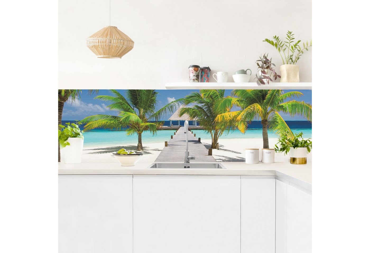 Bilderdepot24 Küchenrückwand blau dekor Botanik Tropisch Natur Strand Meer Catwalk to Paradise, (1-tlg., Nischenrückwand - für Fliesenspiegel ohne Bohren - matt), Spritzschutz Rückwand Küche Herd - Folie selbstklebend versch. Größen von Bilderdepot24
