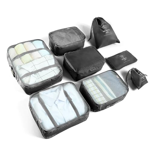 BillyBath Koffer Organizer set, Packing Cubes Kleidertaschen Schuhbeutel Reiseorganizer Packwürfel Kosmetik Travel Organizer Packtaschen für Koffer (8 teilig, schwarz) von BillyBath