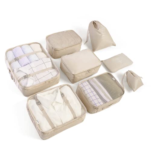 BillyBath Koffer Organizer set, Packing Cubes Kleidertaschen Schuhbeutel Reiseorganizer Packwürfel Kosmetik Travel Organizer Packtaschen für Koffer (8 teilig, Beige) von BillyBath