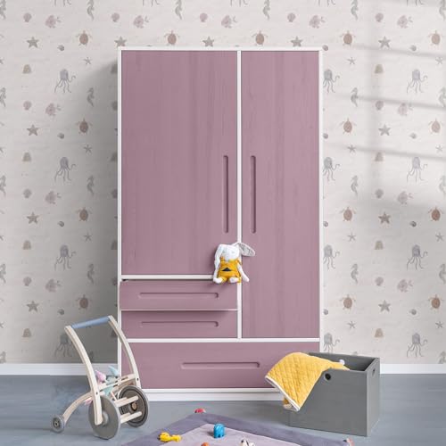 BioKinder Kleiderschrank Kinderkleiderschrank 2-türig Lina aus zertifizierten Bio-Massivholz Kiefer Naturweiß und Kiefer Flieder lasiert H 190 x L 110 x T 55 cm von BioKinder - Das gesunde Kinderzimmer