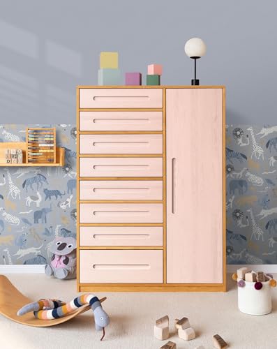 BioKinder Kommode Schubladenschrank Kleiderschrank Kinderschrank Lina mit Tür und 8 Schubladen, aus zertifiziertem Massivholz Erle und Kiefer Steinrosé lasiert B 110 x H 152 x T 55 cm von BioKinder - Das gesunde Kinderzimmer