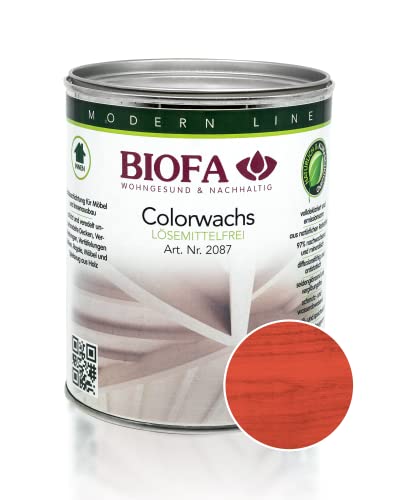 BIOFA Colorwachs lösemittelfrei farbig natürliche Holz-Wachs-Lasur mit Carnaubawachs für Holzdecken, Möbel, Spielzeug Rot 1L von Biofa