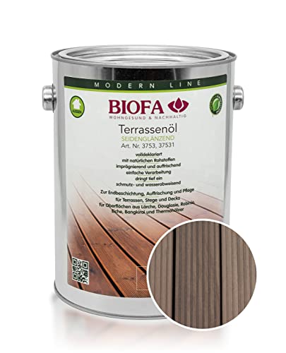 BIOFA Terrassenöl farbig 37531 Pflegeöl für Holzterrassen und Terrassen-Dielen aus Holz – Öl aus natürlichen Rohstoffen - Außenbereich (2,5L, Grau) von Biofa