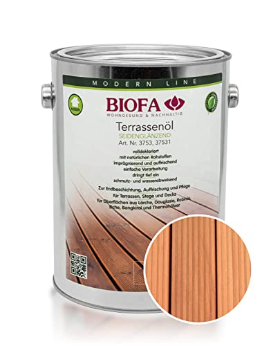 BIOFA Terrassenöl farbig 37531 Pflegeöl für Holzterrassen und Terrassen-Dielen aus Holz – Öl aus natürlichen Rohstoffen - Außenbereich (2,5L, Lärche) von Biofa