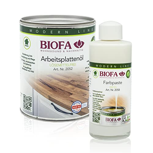 Biofa Arbeitsplattenöl 1 Liter WEISS, lösemittel- und kobaltfrei, Grundierung, Endbeschichtung u. Pflege für Tische, Arbeitsplatten, Spielzeug, Schneidebretter, SET mit Farbpaste weiß 0,15 L von Biofa