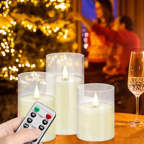 Biyanuo LED flammenlose Kerzen mit Fernbedienung TimerFunktion, Set of 3 batteriebetriebene flackernde elektrische Säule, echtes Wachs geeignet Wohndekoration, Partys, Feiertage, Hochzeiten von Biyanuo