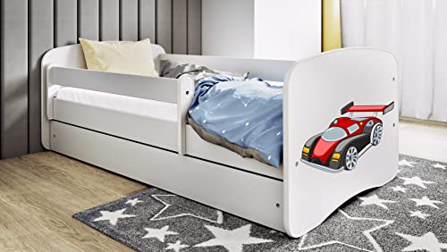 Bjird Kinderbett Jugendbett 70x140 80x160 80x180 Weiß mit Rausfallschutz Matratze Schublade und Lattenrost Kinderbetten für Mädchen und Junge - Rennwagen Motiv 180 cm von Bjird