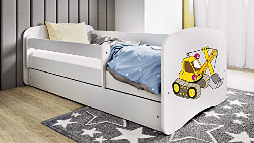 Kinderbett Jugendbett 70x140 80x160 80x180 cm Weiß mit Rausfallschutz Matratze Schublade und Lattenrost Kinderbetten für Mädchen und Junge - Bagger 180 cm von Bjird