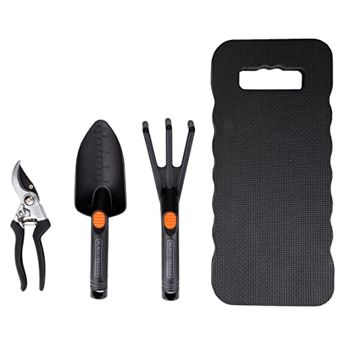 BLACK+DECKER Gartenwerkzeug Set 4-Teilig - Knieschoner, Gartenschere, Schaufel und Gartenkralle - 13mm Schneidkapazität - Schwarz/Orange von Black+Decker