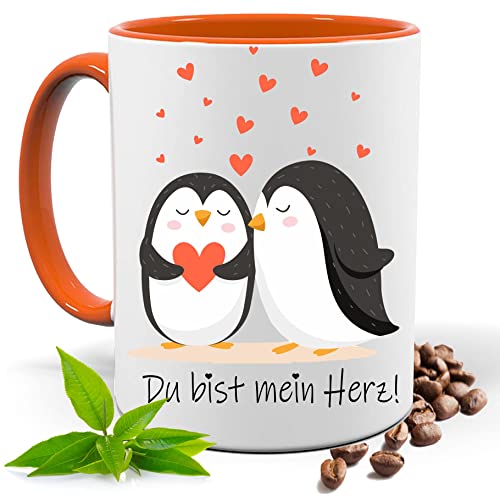Blickfang Geschenkasse, Valentinstag Weihnachten, Geburtstag | Du hast mein Herz! Pinguin Kakao- Kaffee- Tee- Fototasse| Geschenke für männer frauen Keramik Tasse |Spülmaschinenfest (Orange) von Blickfang