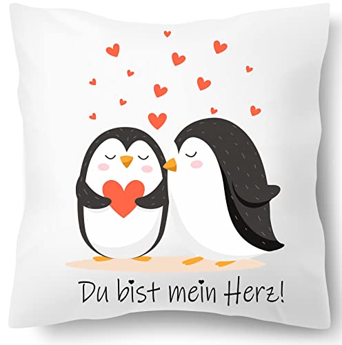 Du bist Mein Herz Pinguin Kissen, Valentinstag, Geburtstags Geschenk Kissen für Sie Uns Ihn | Dekokissen | Kuschelkissen 40X40 Bedruckt | Kissenbezug (ohne Kissenfüllung) von Blickfang