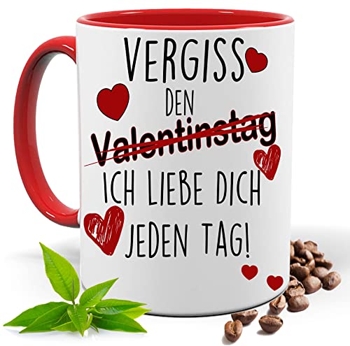 Vergiss den Valentinstag, Geschenk Tasse| Partnertasse | Kakao- Kaffee- Tee- Fototasse| Geschenke für Männer & Frauen | Keramik Tasse |Spülmaschinenfest… (Rot) von Blickfang