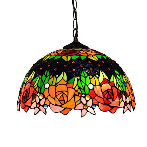 Blivuself Tiffany Lampe 16 Zoll Tiffany-Art-Schwarz-bottom Glas Rosen Pendelleuchte amerikanische landwirtschaftliche retro kreative klassische Schlafzimmer Restaurant Lampe von Blivuself