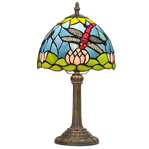 Blivuself Tiffany Stil Buntglas Tischlampe Lotus Blume Libelle Blau Rosa Grün Schlafzimmer Nachttisch Lesepult Lichter für Büro Bar Decor Retro Einzigartiges Nettes kleines Nachtlicht Geschenk von Blivuself