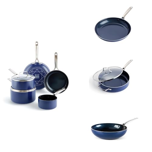 Blue Diamond Cookware Diamantstruktur Keramik Antihaft, 10-teiliges Topf- und Pfannenset,Enthält Bratpfanne Stielkasserolle Wok,PFAS-frei,Induktion,Spülmaschinenfest,Backofenfest bis 200°C,Blau von Blue Diamond