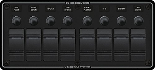 BLUE SEA SYSTEMS BS-8371 / Wasserdichtes Schalttafel, MFG# 8371, Besteht aus acht beleuchteten Contura-Schaltern mit Push-to-Reset-Leistungsschaltern 12 oder 24 Volt DC, horizontale Ausrichtung, 9,4 von Blue Sea Systems