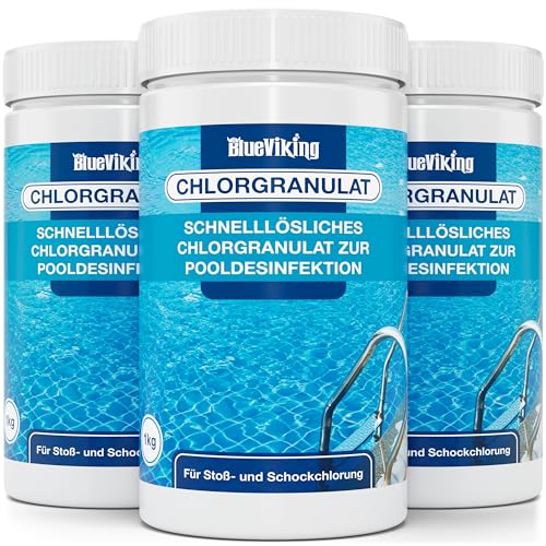 Chlor Pool Granulat 3x1kg, Chlor für Pool zur Schockchlorung, schnelllösliches anorganisches Chlor für einen klaren Pool, Chlor Granulat zur Erstanwendung, Chlorgranulat für Pool von BlueViking
