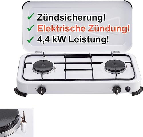 Bluecraft - Camping-Kocher Gaskocher 2-flammig 50 mbar weiss mit Zündsicherung und elektrischer Zündung (ohne Zubehör) von Bluecraft