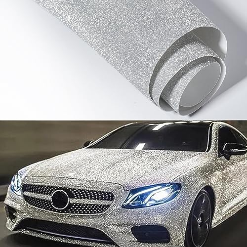 Blueshyhall Auto Folie Silber Glitzer, 30 * 200 cm Auto Wrapping Folie Glitzer, Autofolie Weiß Glitzer Diamant, Folierung Folie Auto Silber Innen Aussen Wasserfest mit Selbstklebende von Blueshyhall