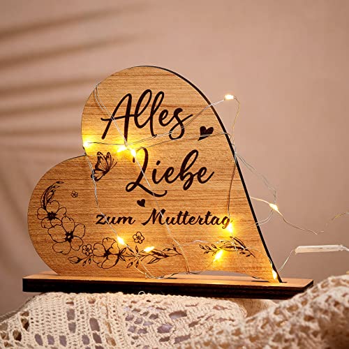 Blulu Geschenke für Mama Herz Holzschild Ornamente für Mama Herz auf Sockel mit Spruch Herz Tisch Ornament mit Lichtkette Mutter Geschenk für Neue Mama, Mutti von Blulu