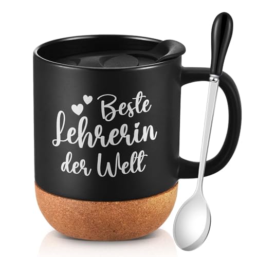 Blulu Kaffeetasse für Beste Lehrerin Der Welt Kaffeetasse mit Korkboden Keramiktasse für Lehrer 350ml Kaffeetasse mit Deckel und Löffel Dankeschön Geschenke zum Lehrertag Abschied Ruhestand von Blulu