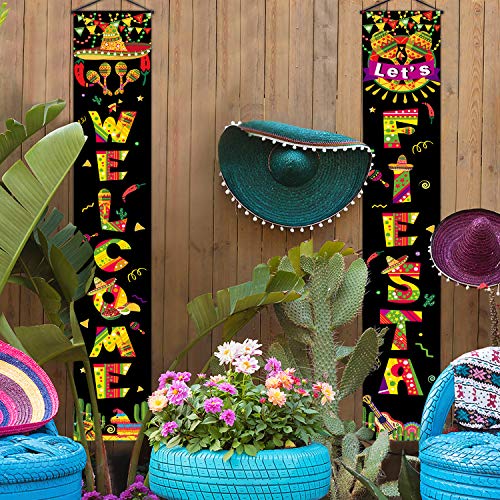 Mexikanische Dekoration Set Veranda Zeichen Willkommen Fiesta Banner Hängende Dekoration für Indoor/Outdoor Fiesta Dekoration Mexikanische Party Dekorationen (Schwarz Fiesta) von Blulu