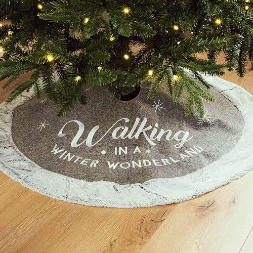 Elegante Weihnachtsbaumdecke mit grauem Fellrand – Durchmesser 98 cm – Stilvolle Walking in a Winter Wonderland Beschriftung – Die ideale Basis für Ihre Festliche Dekoration von Blumixx