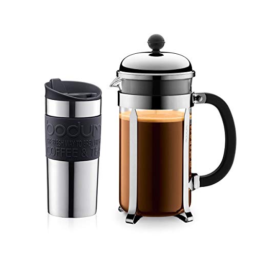 Bodum K11068-01 Set aus Chambord Kaffeebereiter 8 Tassen und Travel Mug Becher, 0,35 l, Edelstahl mit Silikonring, Schwarz, 34 oz von Bodum