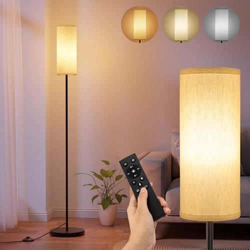 Stehleuchte mit Fernsteuerung, Led Stehlampe Dimmbar mit 3 Farbtemperaturen, Modern Leselampe Stehlampe mit Leinen Lampenschirm & Fußschalter Retro Stehlampe für Wohnzimmer, Schlafzimmer, Kinderzimmer von BokiHuk